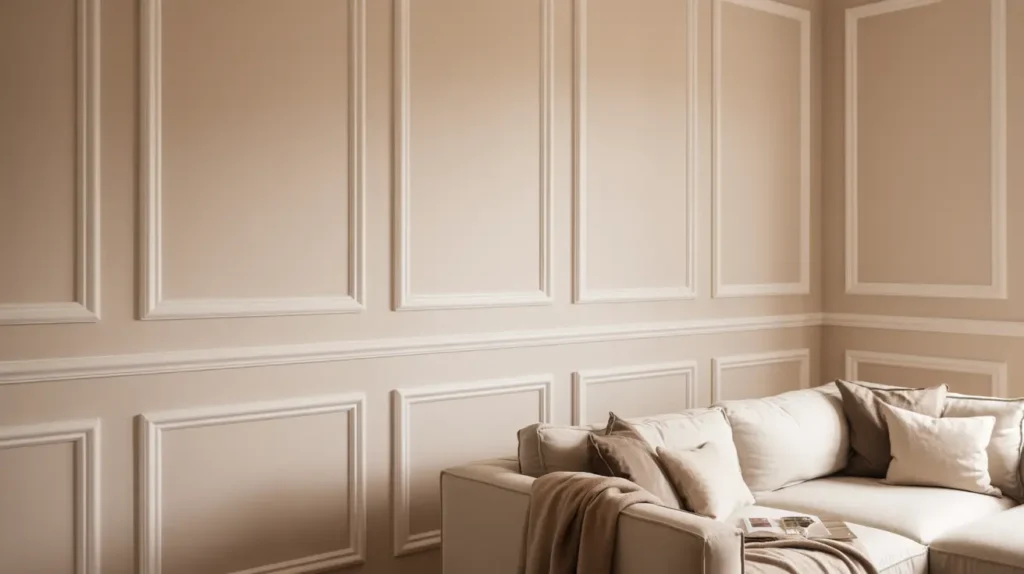 Wainscoting ideas with picture frame molding on a living room wall.