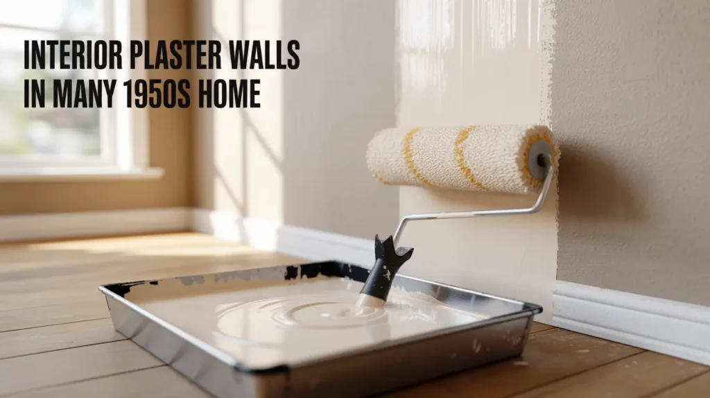 Person rolling primer onto an interior plaster wall before painting, with the text “Interior plaster walls in many 1950s home”.