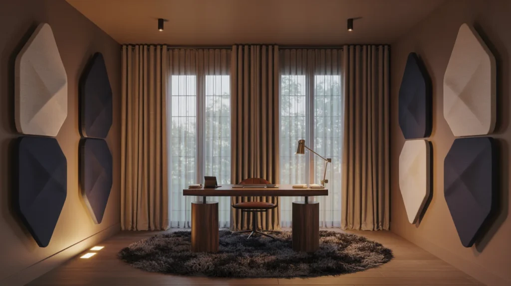 Home office with a thick rug, fabric curtains, and modern acoustic wall panels for a calmer sound.