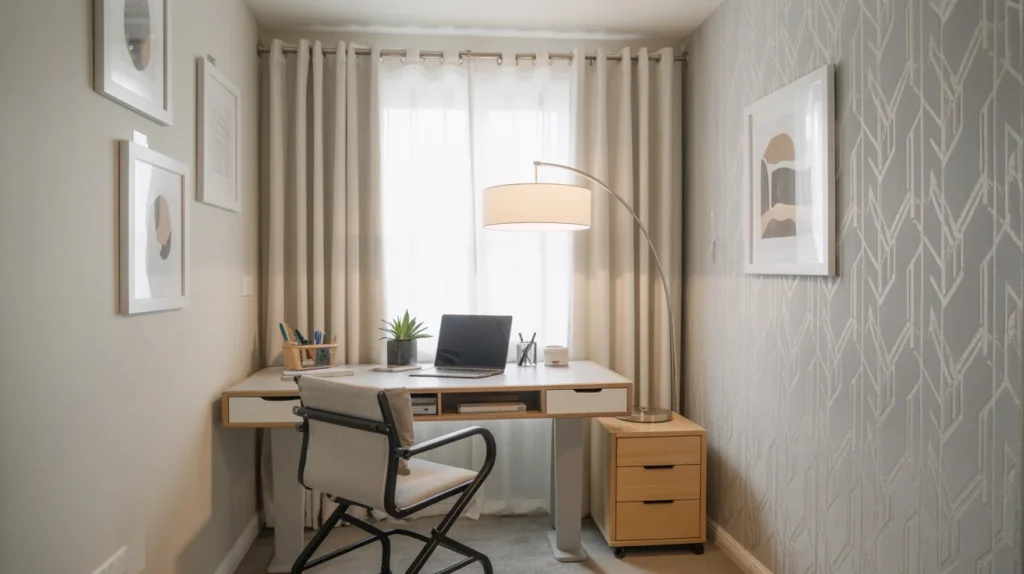 Rental home office with peel-and-stick wallpaper, removable wall art, tension rod curtains, rolling drawers, and a floor lamp.