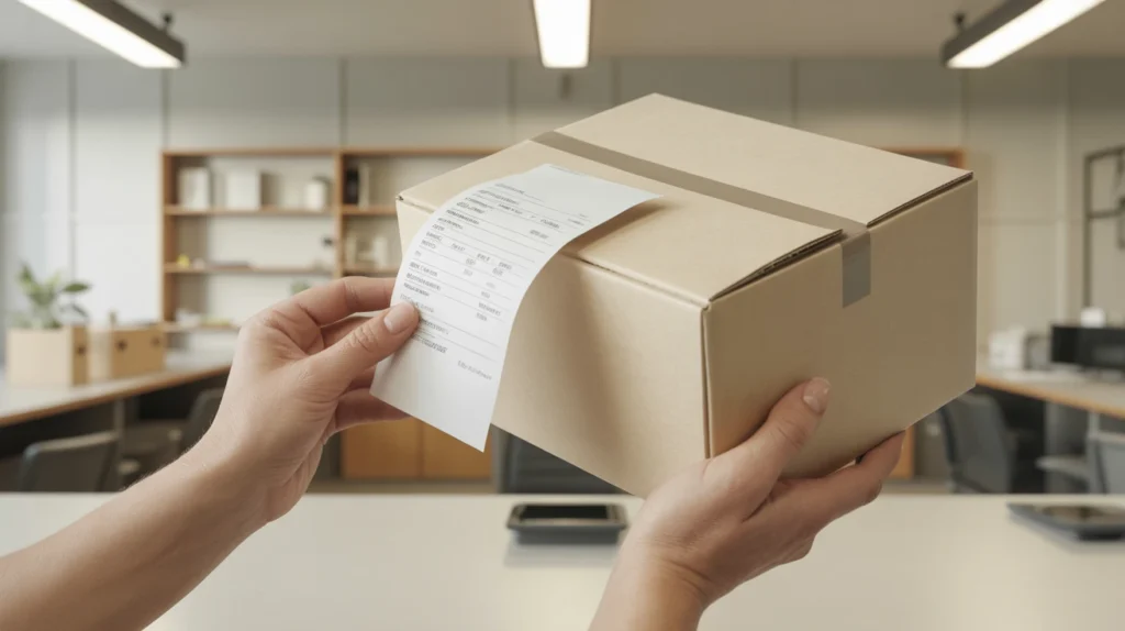 Receipt and unopened product box on a counter ready for an in-store return