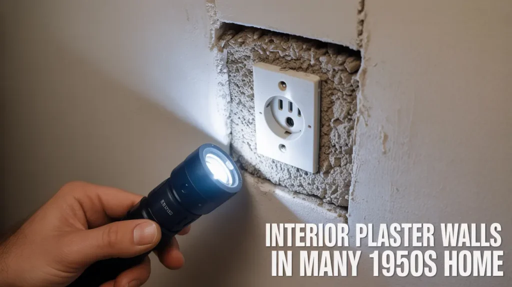 Close up of a wall outlet opening showing rock lath behind the plaster edge, with the text “Interior plaster walls in many 1950s home”.