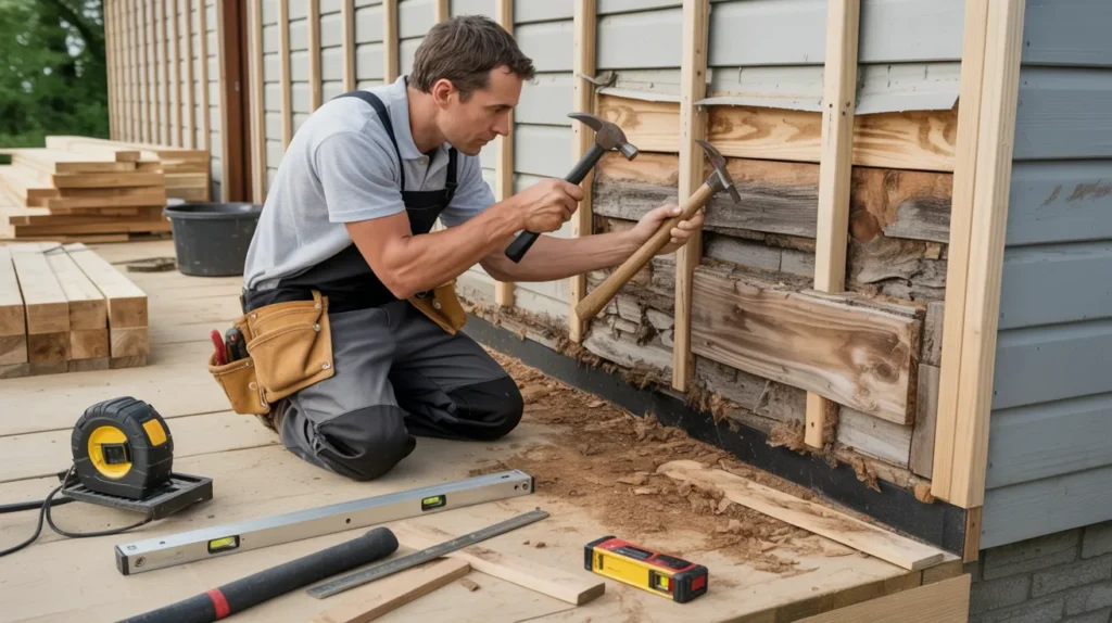 Contractor repairing damaged sheathing under removed siding before installing new siding