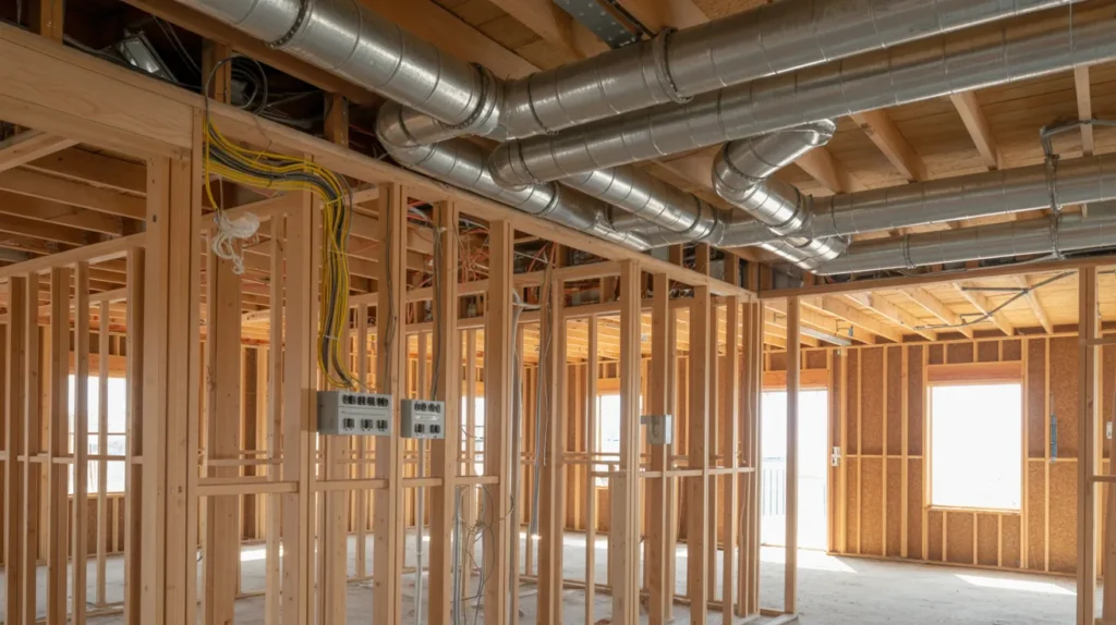 Plumbing and electrical rough-in work inside a framed house before drywall