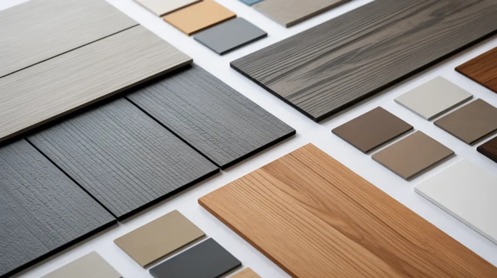 Vinyl, fiber cement, and engineered wood siding samples with color swatches for cost comparison