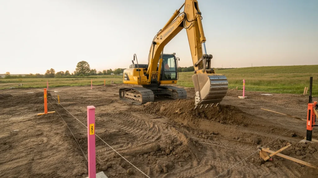 Excavation and grading work on a lot before foundation pouring