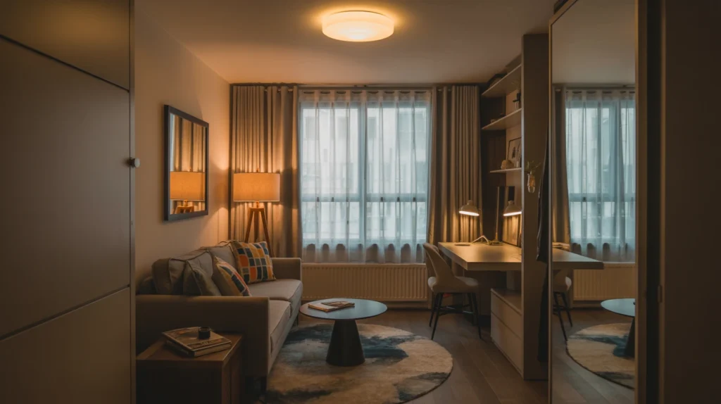 Small condo living space with layered lighting using ceiling light, floor lamp, and desk task light