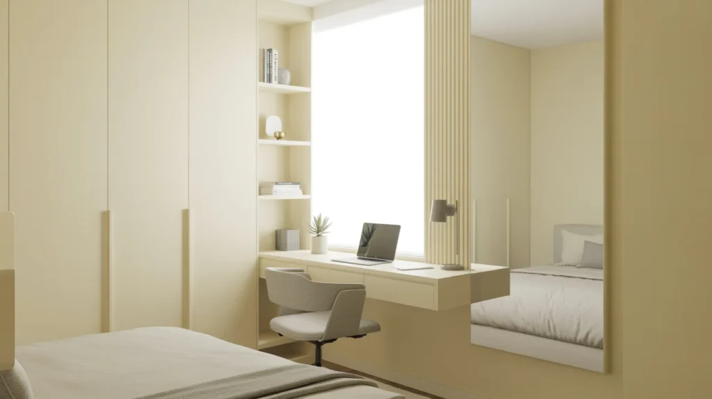 Small bedroom workspace with a floating desk, vertical shelves, mirror reflecting window light, and a compact task chair.
