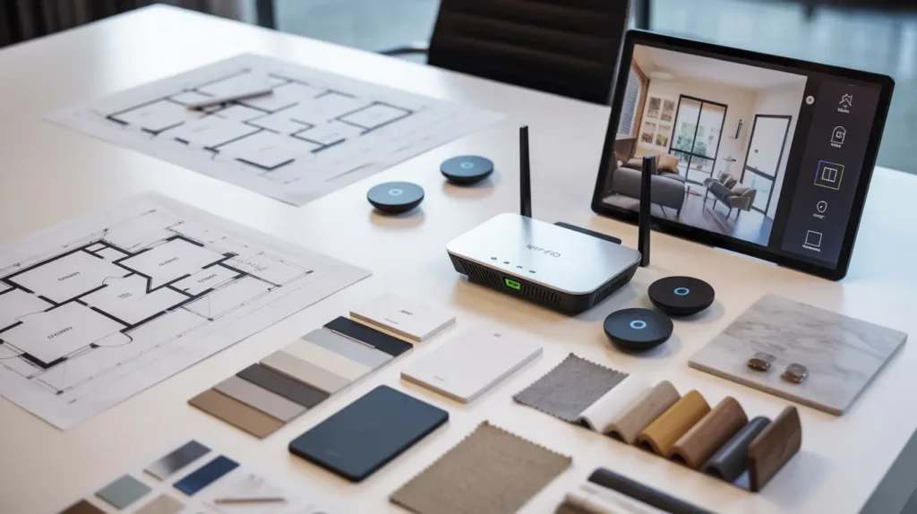 Smart home interior design planning with a floor plan, material samples, and Wi-Fi setup tools