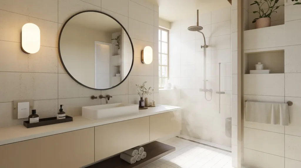 Celebrity inspired spa bathroom with floating vanity and soft sconces