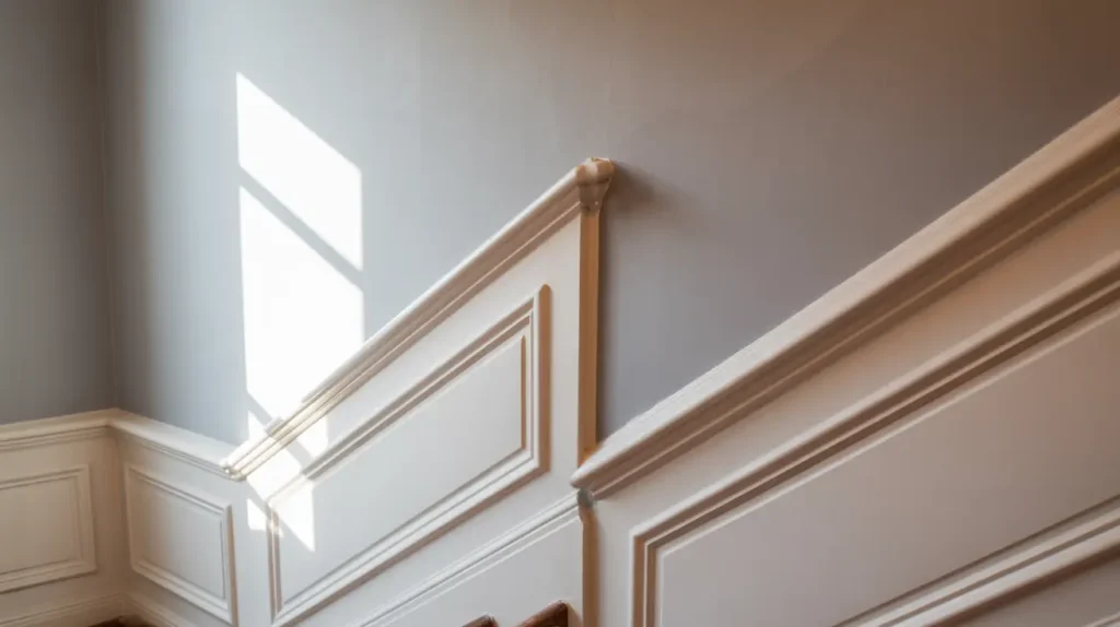 Wainscoting ideas for staircase walls with angled trim and clean lines.