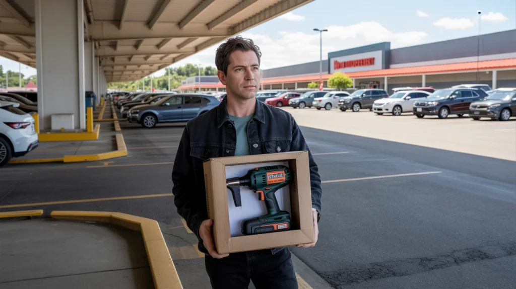 Customer picking up a boxed tool from a home improvement store pickup area