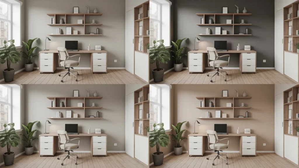 Collage of four home office styles—modern minimalist, Scandinavian, industrial, and Japandi—with matching desks, chairs, and decor.