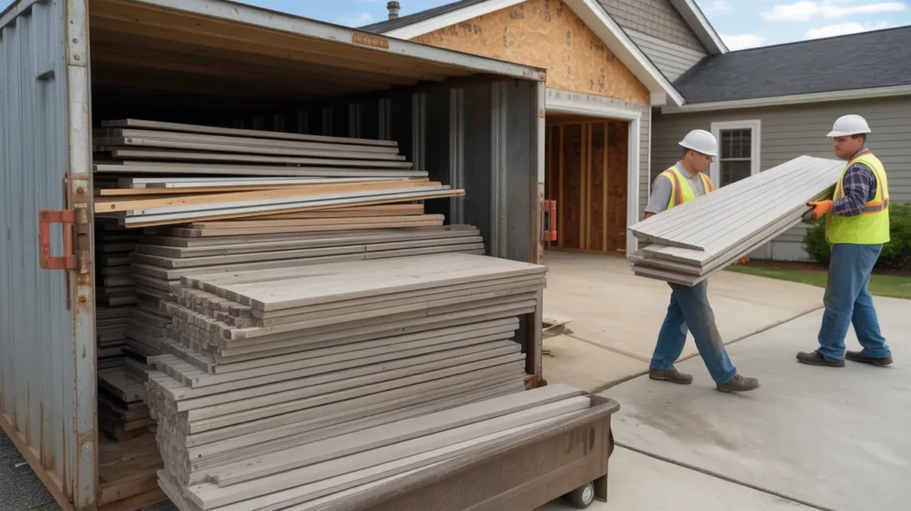 Old siding removed from a house and loaded into a disposal container during re-siding work