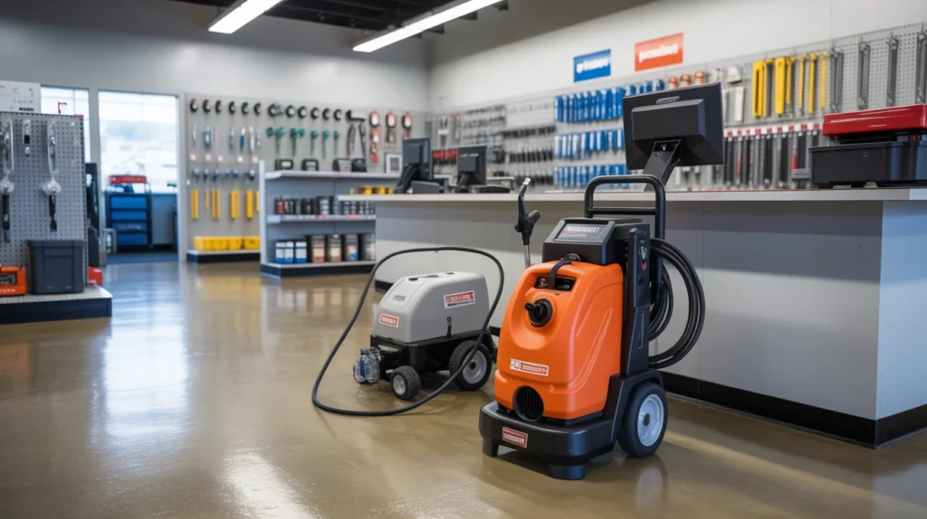 Tool rental counter with a pressure washer and carpet cleaner in a home improvement store