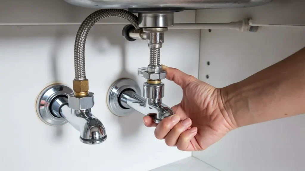 Hand turning an angle stop valve under a sink to shut off water.