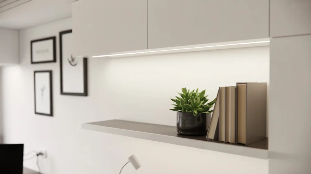 Camera-ready office background with a small gallery wall, slim shelf, books, plant, and neat cables.