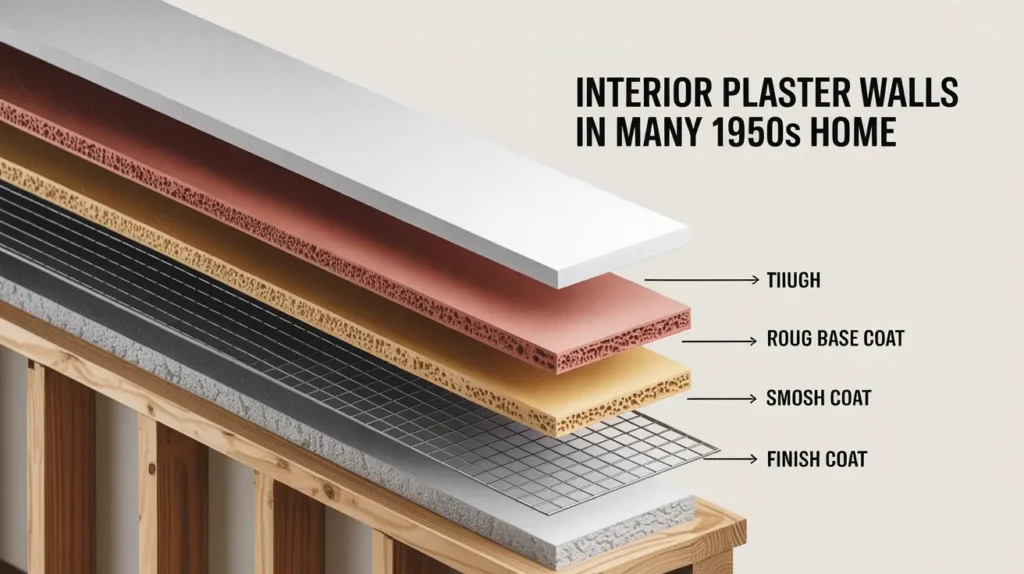 Cutaway diagram of a 1950s plaster wall showing gypsum lath, base coat, brown coat, finish coat, and studs, with the text “Interior plaster walls in many 1950s home”.
