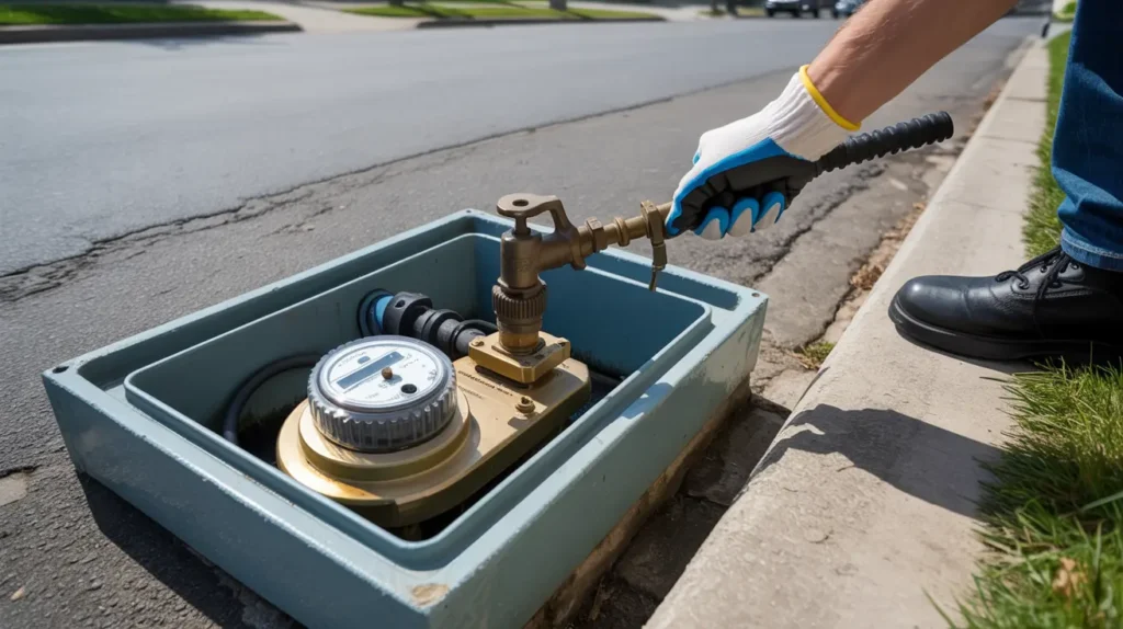 Turning off water at an outdoor water meter box using a curb key.