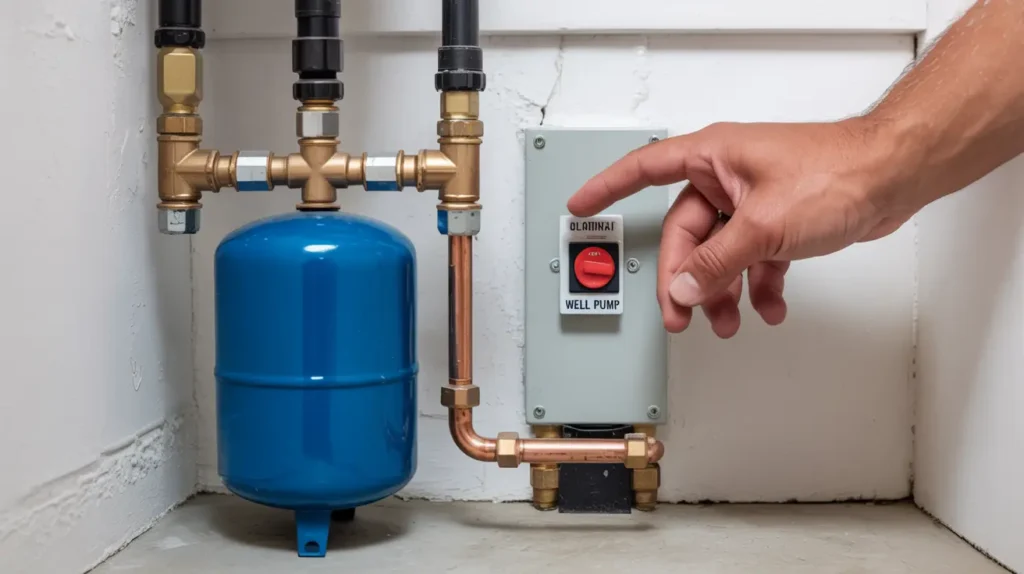 Switching off a well pump breaker near a pressure tank to stop water flow.