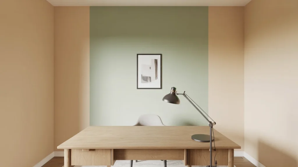 Neutral home office with a soft green accent wall behind a light wood desk, black desk lamp, and centered framed art.