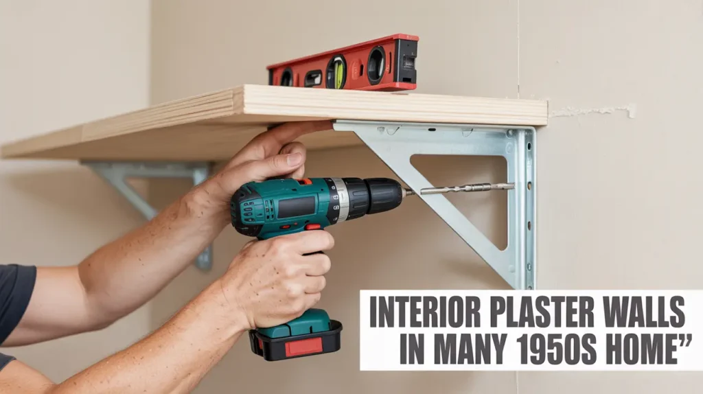 DIY setup mounting a shelf bracket on a plaster wall using a drill, stud finder, and level, with the text “Interior plaster walls in many 1950s home”.
