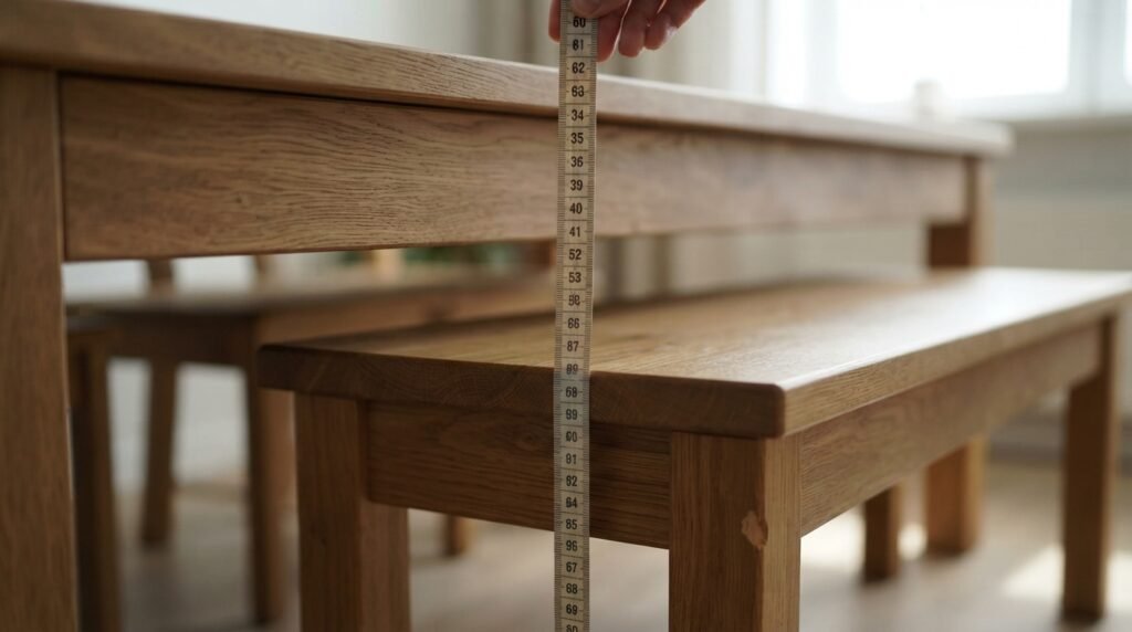 Close-up of a dining bench seat height and knee clearance being measured against a table apron