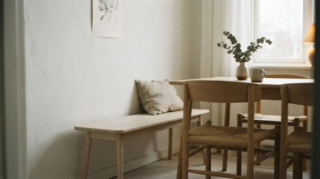 3.	Scandinavian-style dining room with a pale wood bench and slim chairs around an oak table