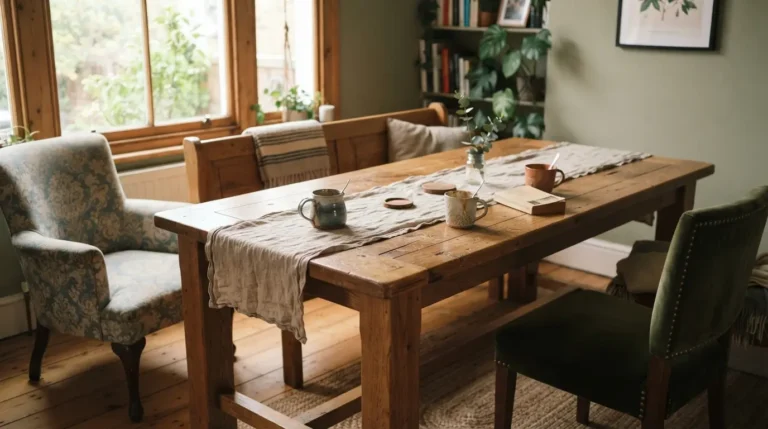 1. Dining room with a wood bench on one side of the table and mismatched chairs on the other, natural daylight